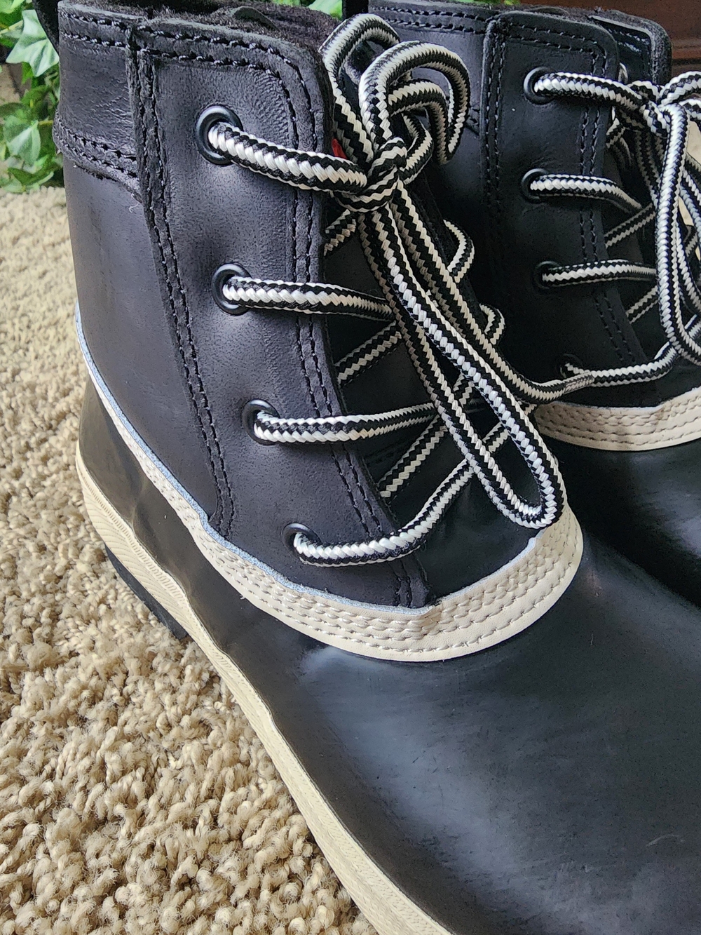 Waterproof Black & Cream Lace-Up Winter Rain Boots - Picture 9 of 13